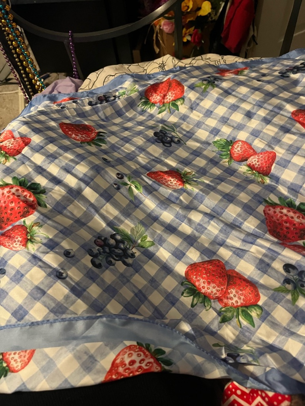 Blue Gingham Strawberry  and Cherry Print Scraf for sale